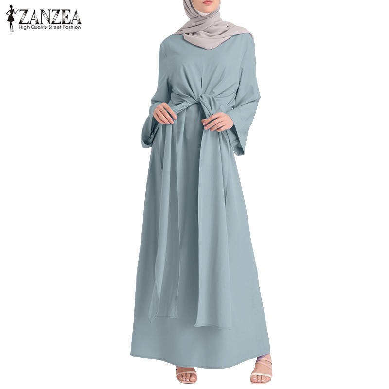 ZANZEA Women Long Sleeve Irregular Belted Swing Muslim Long Dress #1