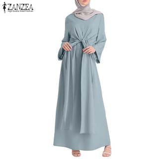 Image of ZANZEA Women Long Sleeve Irregular Belted Swing Muslim Long Dress