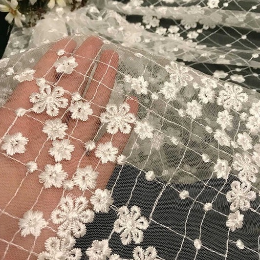 Exclusive Lace Tulle Fabric with Floral Embroidery and Cross Diamond ...