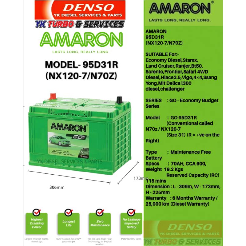 Amaron GO 95D31R (NX120-7) N70Z Car Battery Economy DIESEL Starex, Land ...