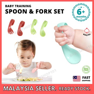 【Baby101】 Baby Kids Training Spoon and Fork Set Safety Infant Feeding Toddler Flatware Spoons Dishes Soups Curve