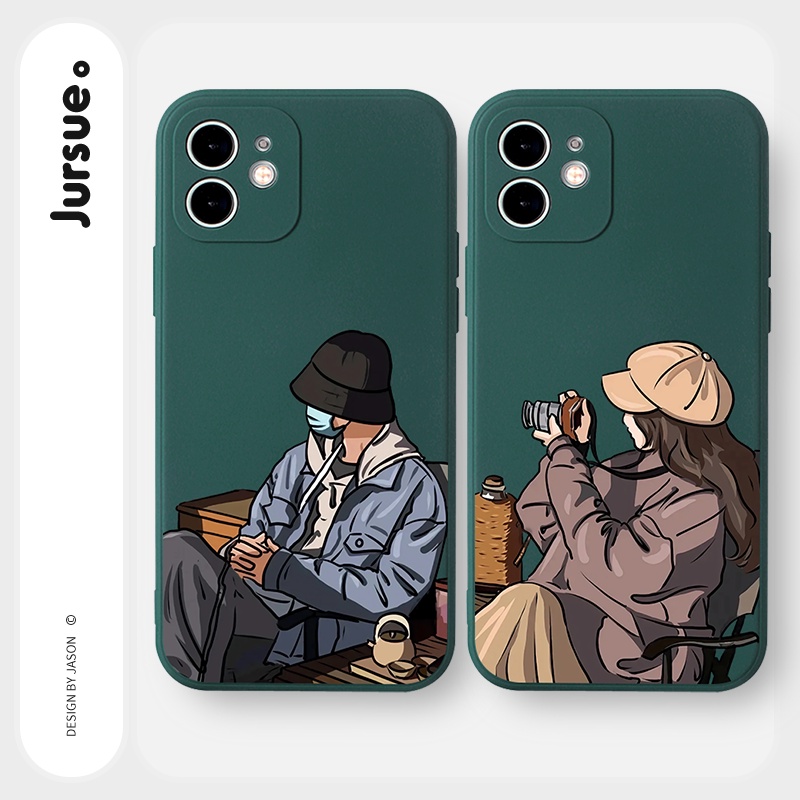 Jursue Soft Silicone Matching Couple Set Cartoon Aesthetic Shockproof Square Phone Case Cover 3878