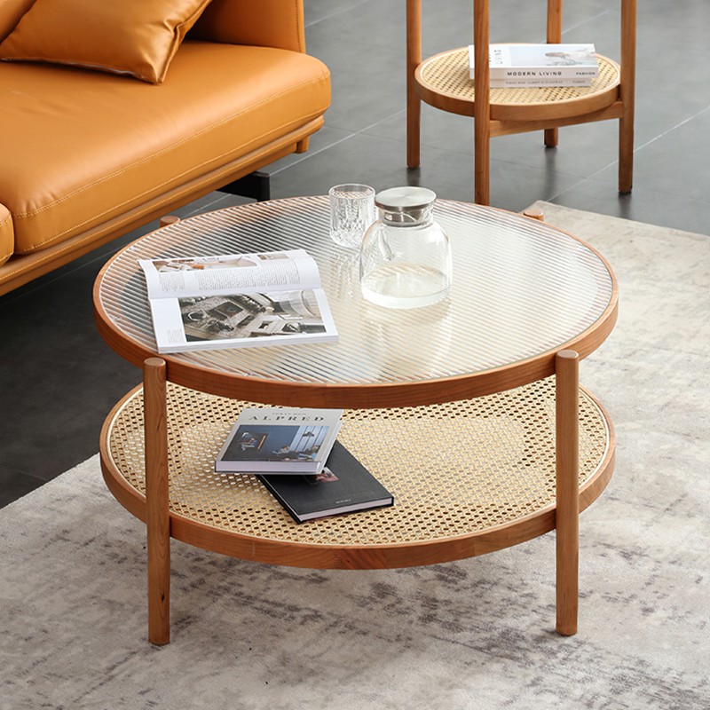 Nordic Round Glass Coffee Table, Small Round Cherry Wood Coffee Table