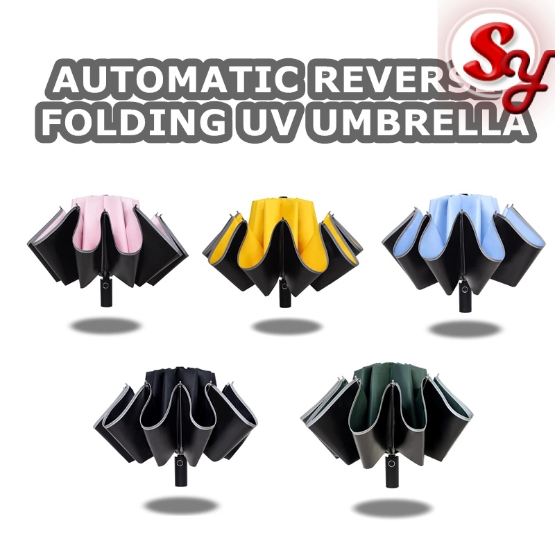4 in 1 Automatic Reverse Folding Anti UV AutoOpen Strip Windproof Foldable Umbrella Inverted Reflective Night
