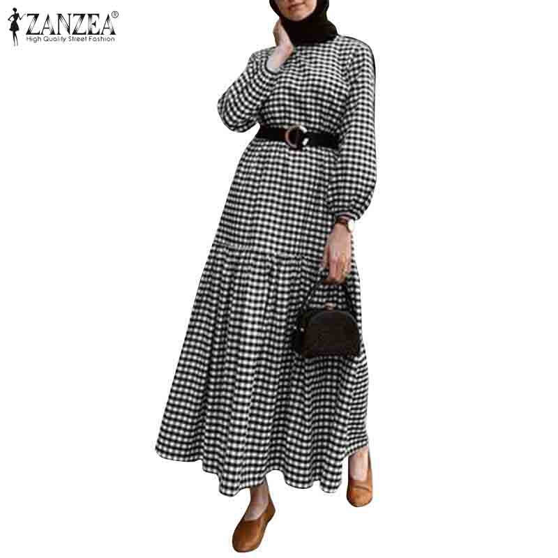 ZANZEA Women Casual Elastic Cuffs Puff Sleeve Plaid Muslim Long Dress #1