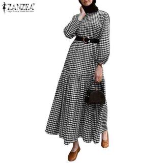 Image of ZANZEA Women Casual Elastic Cuffs Puff Sleeve Plaid Muslim Long Dress