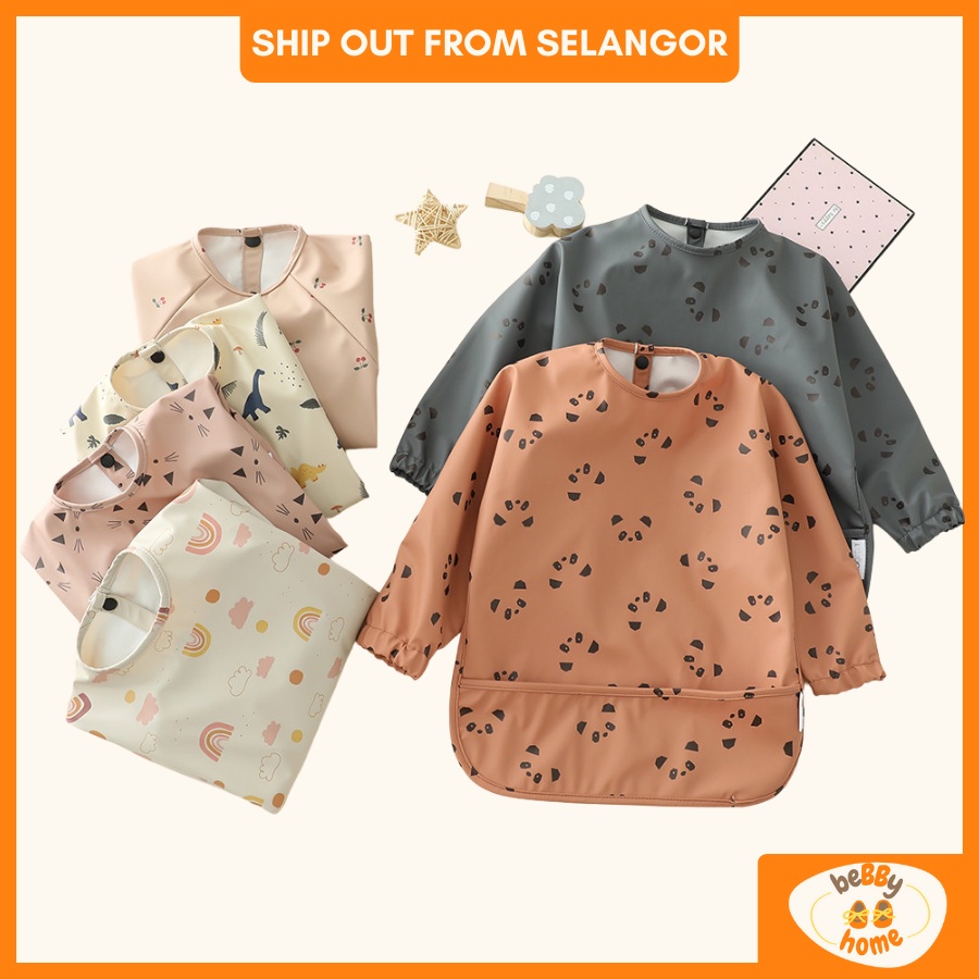 Baby Bib 0-3Y Bibs Premium Long Sleeve Waterproof Coverall Eating Feeding BLW Bibs Baby Apron Baju Raya