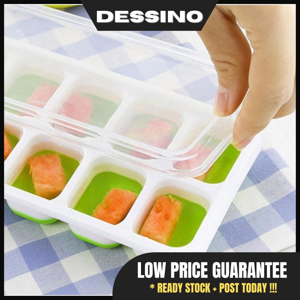 DESSINO 14 HOLES SILICONE DIY ICE CUBE TRAY With Cover BABY FOOD Maker Mold Tray Containers BPA FREE Pembuat Ais