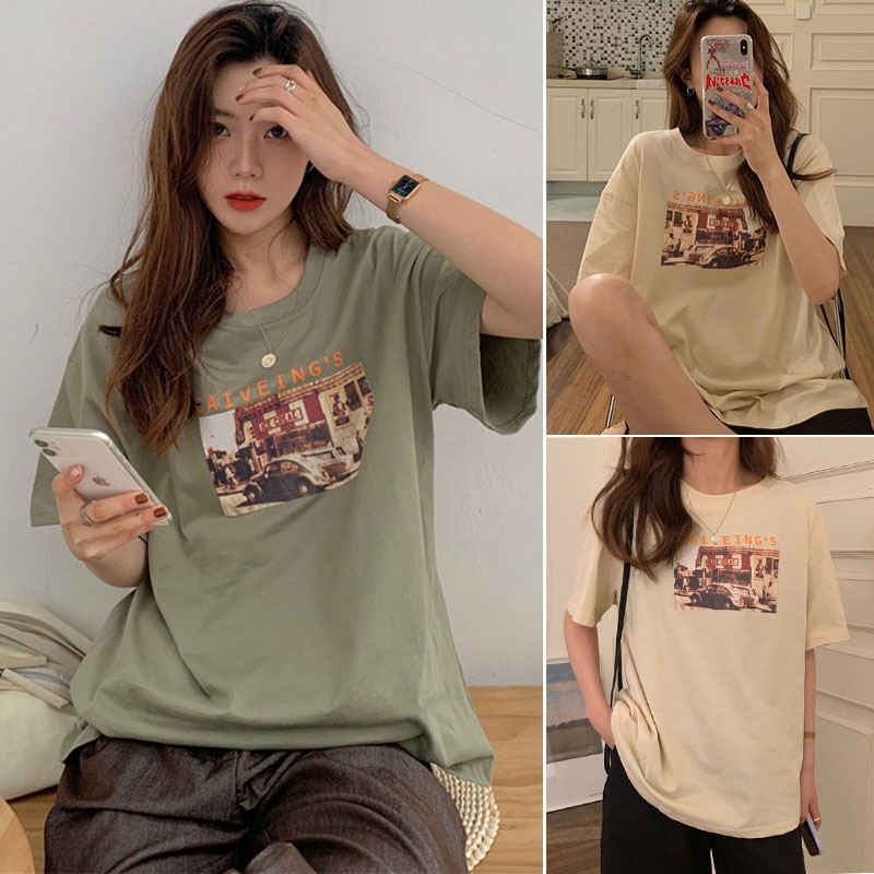 readystock Oversized cartoon pattern t-shirt women's clothing, curvy girls fashion Korean style loose vintage shirt寬松上衣女