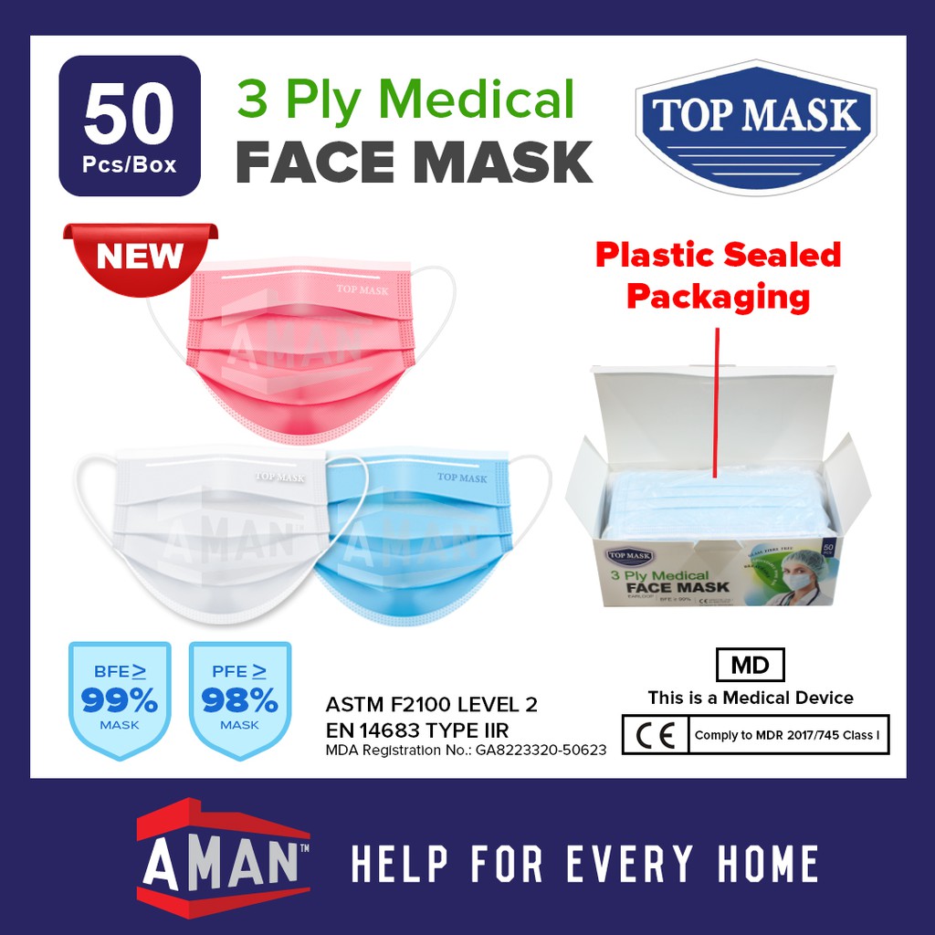 Top Mask 3 Ply Disposable Medical Mask BFE 99% 50 Pcs | Shopee Malaysia