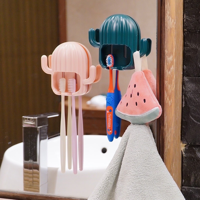 🔥Ready Stock🔥Cactus Cute Design Toothbrush Holder Free Punching Bathroom Wall-mounted Drain Multifunction Storage Rack