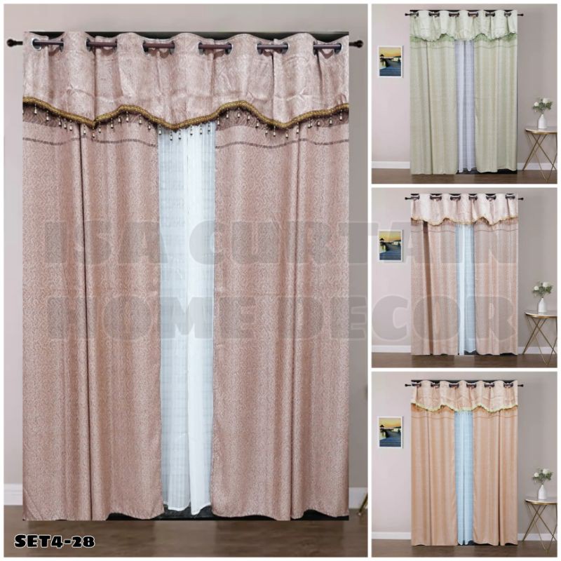 SET OF 4 Elegant Brocade Curtain Set Kurtina (2pcs Curtain Panel, 1pc Lace, 1pc Valance) 140*220cm
