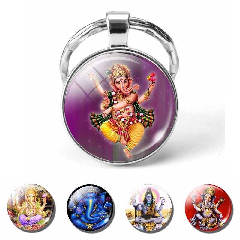 Lucky Indian Elephant Head God Ganesh Keychain Jewelry Glass Dome Cabochon Pendant Key Chain Ring Amulet Family Charm Gift