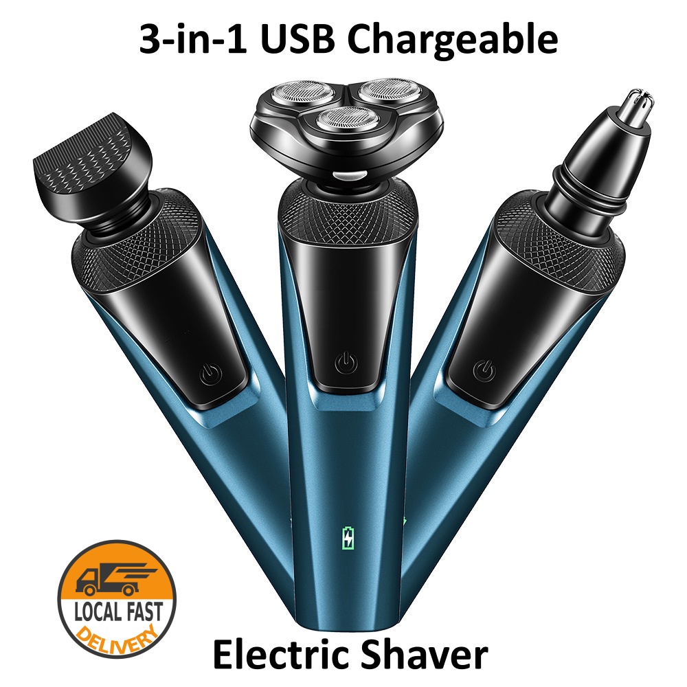 3-in-1 Electric Shaver Trimmer with USB Rechargeable Battery for Men Sideburn Nose Hair Beard Moustache IPX7 Waterproof