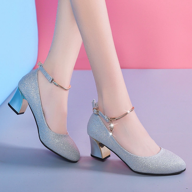 Women's Chunky Heel Pointed Toe2020Summer New Sequined Wedding Shoes