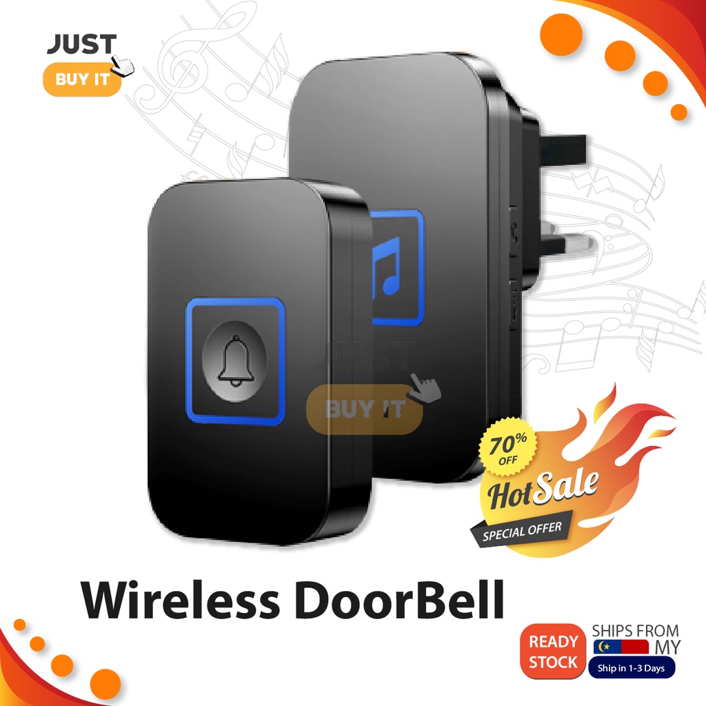 Wireless Doorbell Waterproof Loceng Pintu 300M Smart Door Bell Ring Electric Home Office UK Plug Remote Volume Control