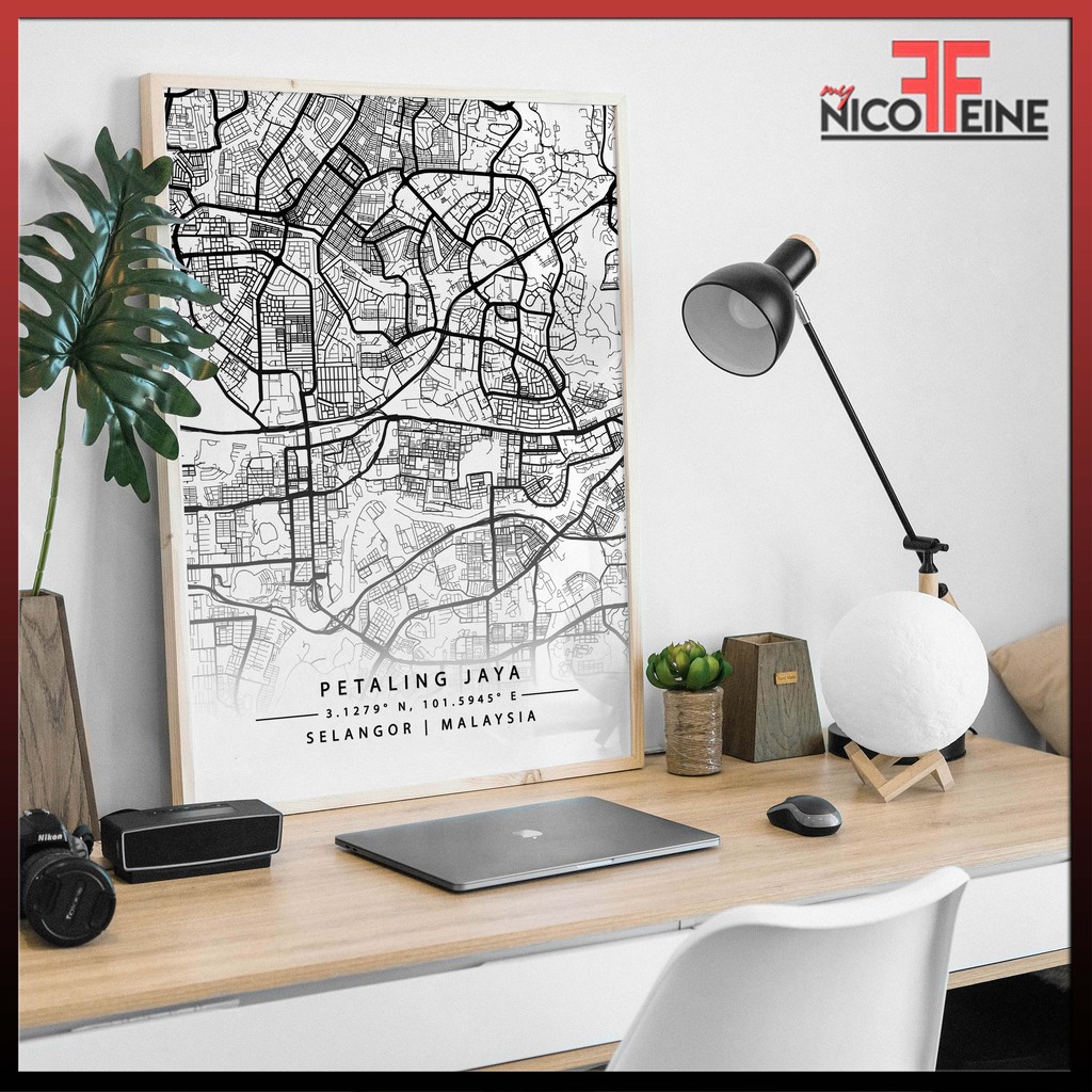 Buy New Petaling Jaya Selangor Minimal City Map With Coordinate Black And White Large Poster Print Wall Art Seetracker Malaysia