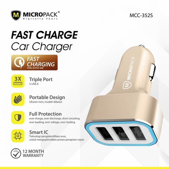 Micropack Car Charger 3 Port 5.2a Max With Smart Ic Mcc-352S