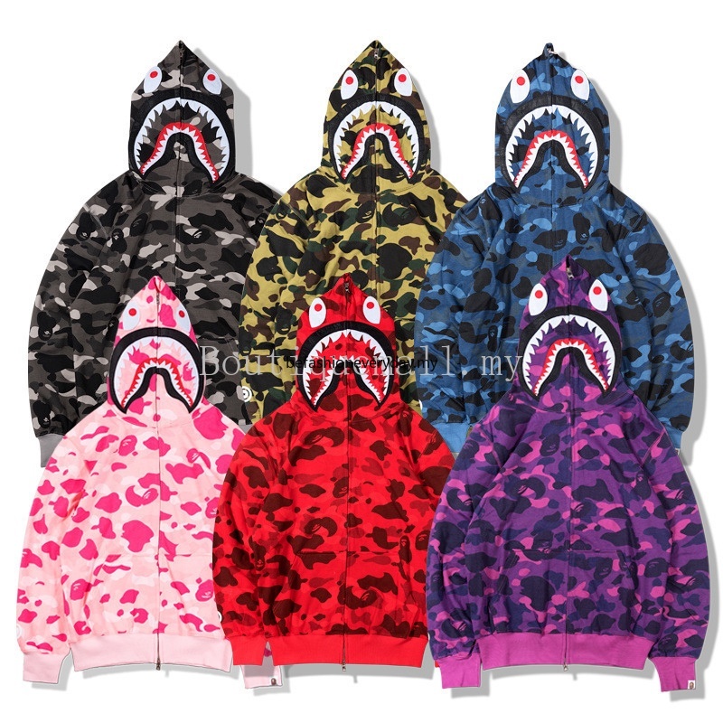 2021 New Hoodies Japanese BAPE Men Women Purple Camouflage Plus Size Zip Up Jacket Shark Printing Hoodies