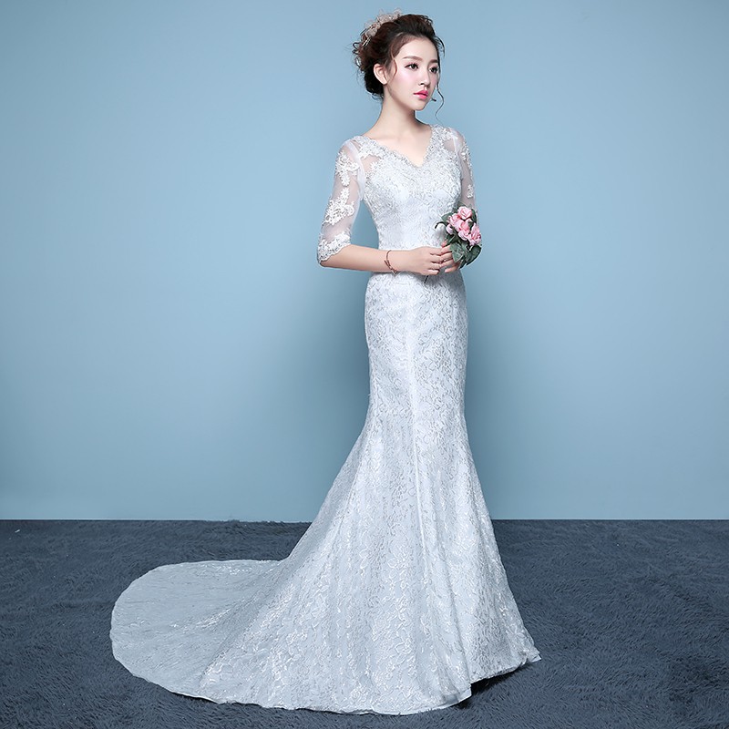 Beaunique V Neck Half Sleeve Lace Mermaid White Wedding Dress