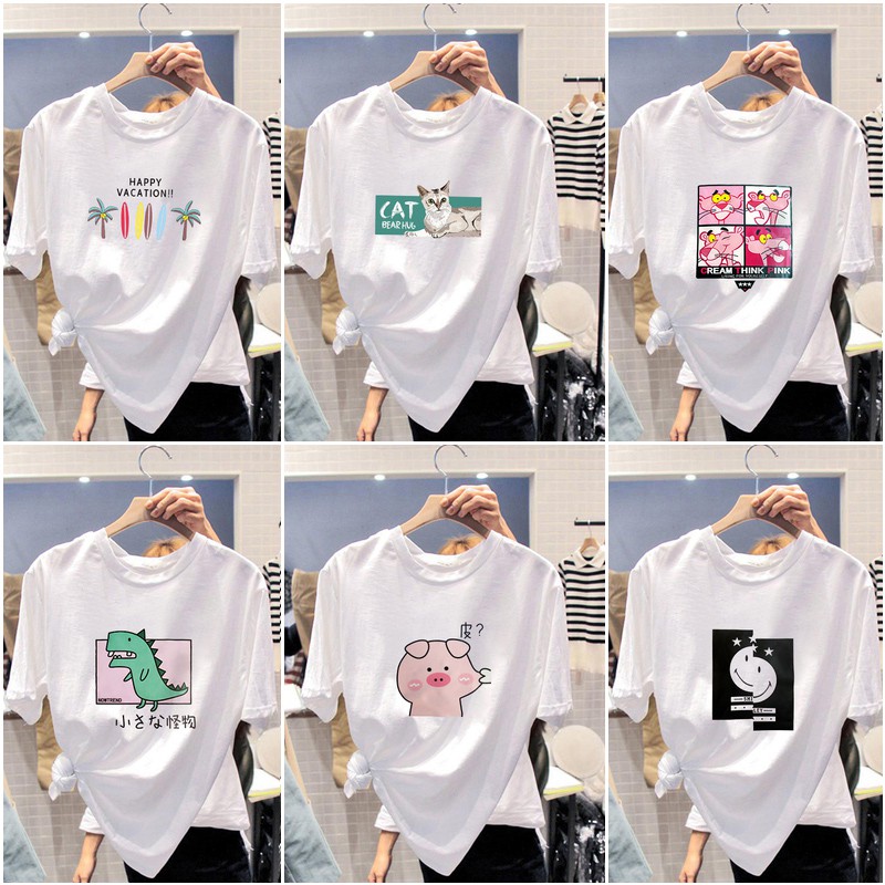 Oversize Summer Korean Clothing Round Neck Loose White Oversize Summer Korean Clothing Round Neck Loose White