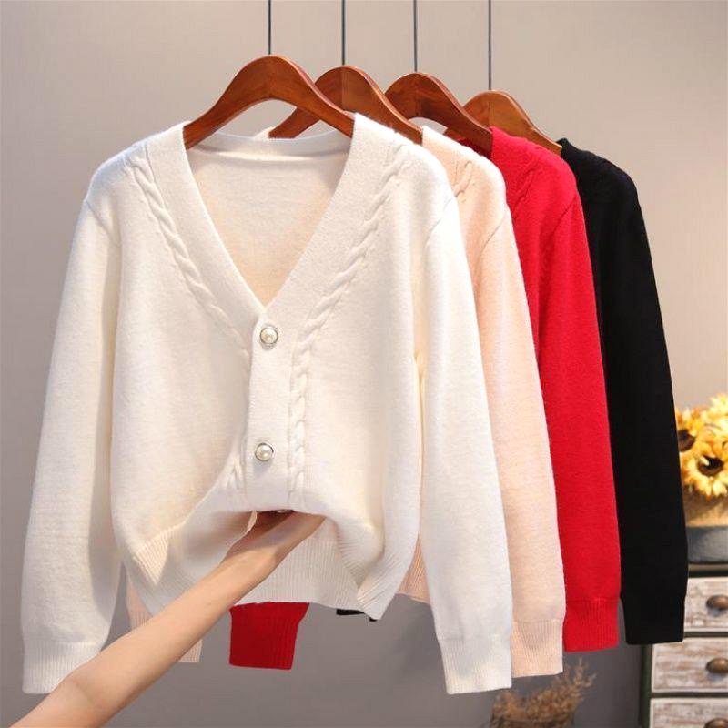 New Korean Women V-neck Cardigan Loose Versatile Sweater Pure Color ...