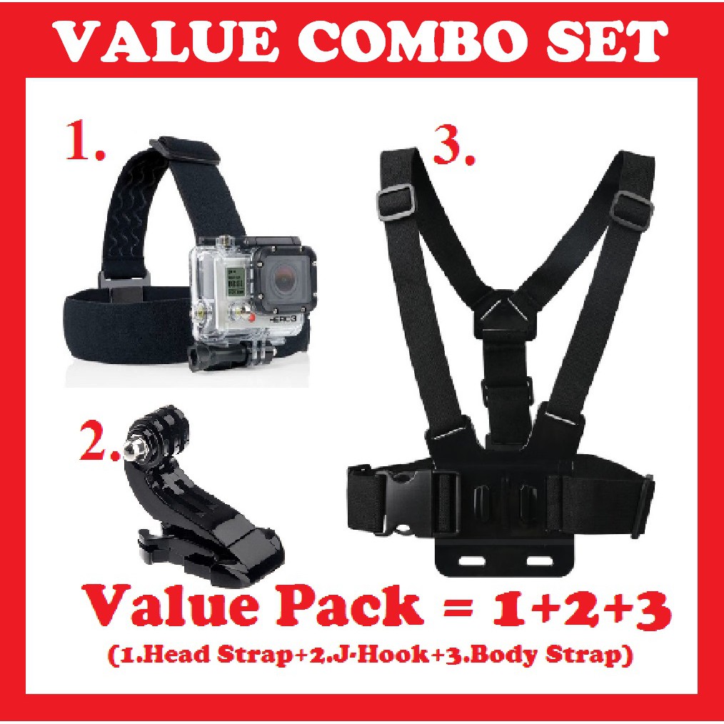 Head Strap+Chest Strap+JHook Mount Bundle Set for all Action Camera