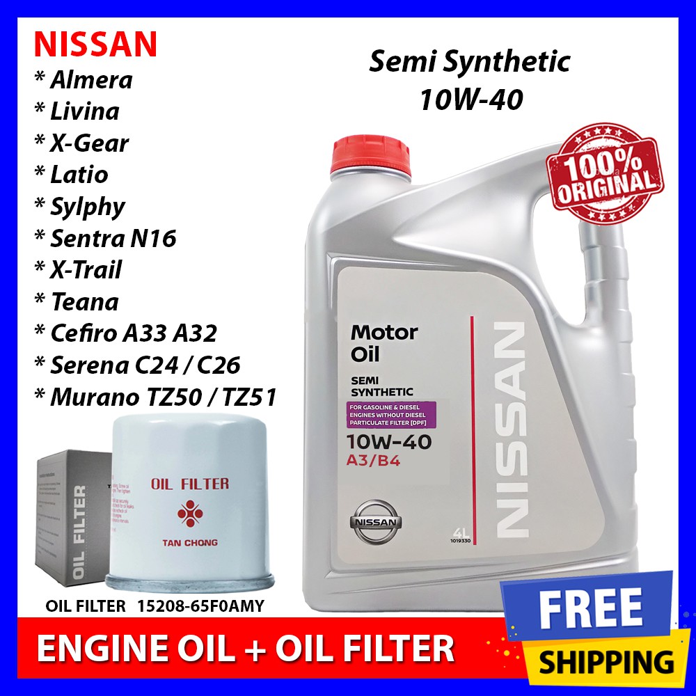 With Nissan Oil Filter Nissan 10w40 Semi Synthetic 4l Almera Livina Sylphy Teana Sentra Engine Oil 10w 40 Shopee Malaysia