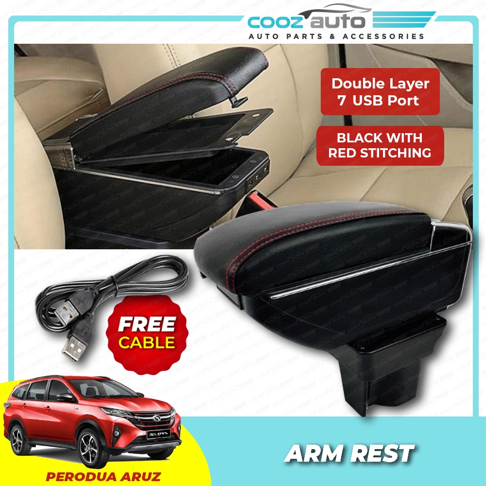 Perodua Aruz 7 USB Double Layer Arm Rest Armrest Console Black Leather ...