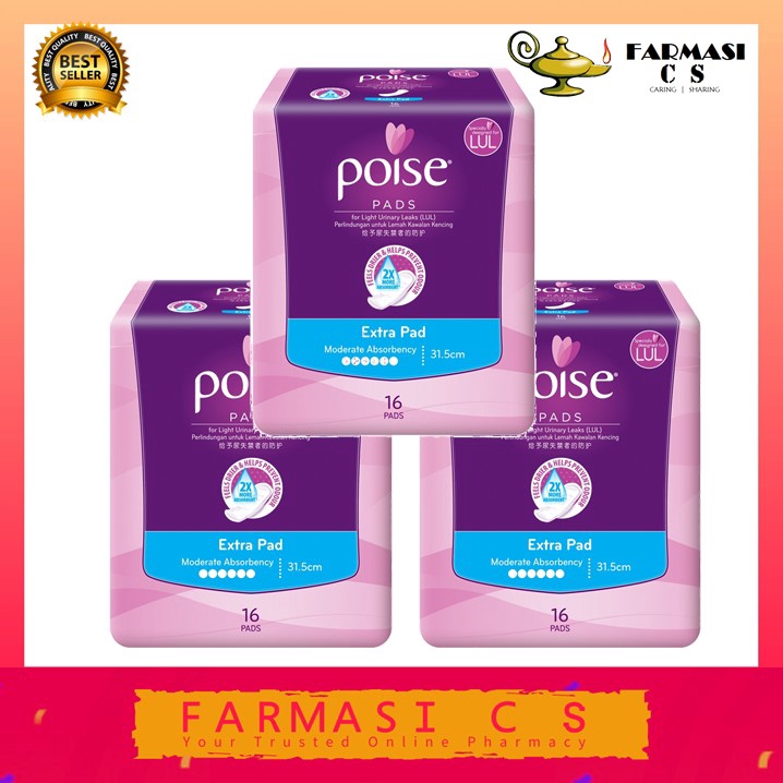 Poise Pads For Light Urinary Leaks EXTRA 31.5cm (3 x 16 pads) TRIPLE