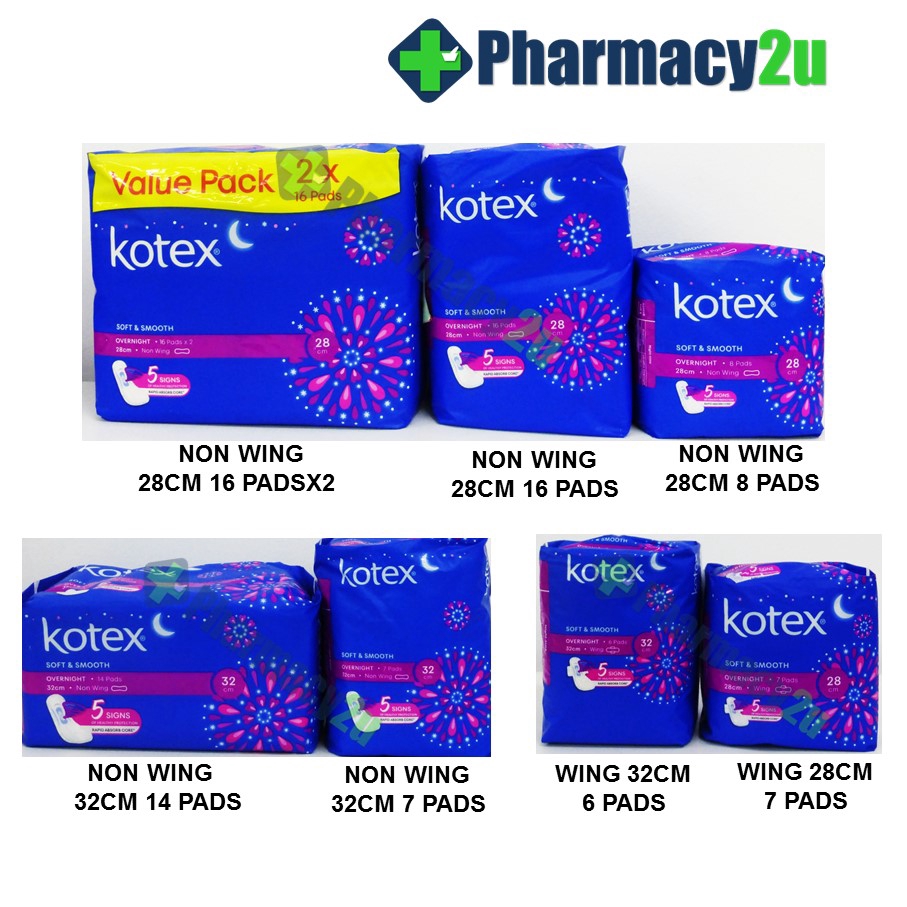 KOTEX SOFT & SMOOTH OVERNIGHT SANITARY PADS WING/ NONWING 28CM/ 32CM