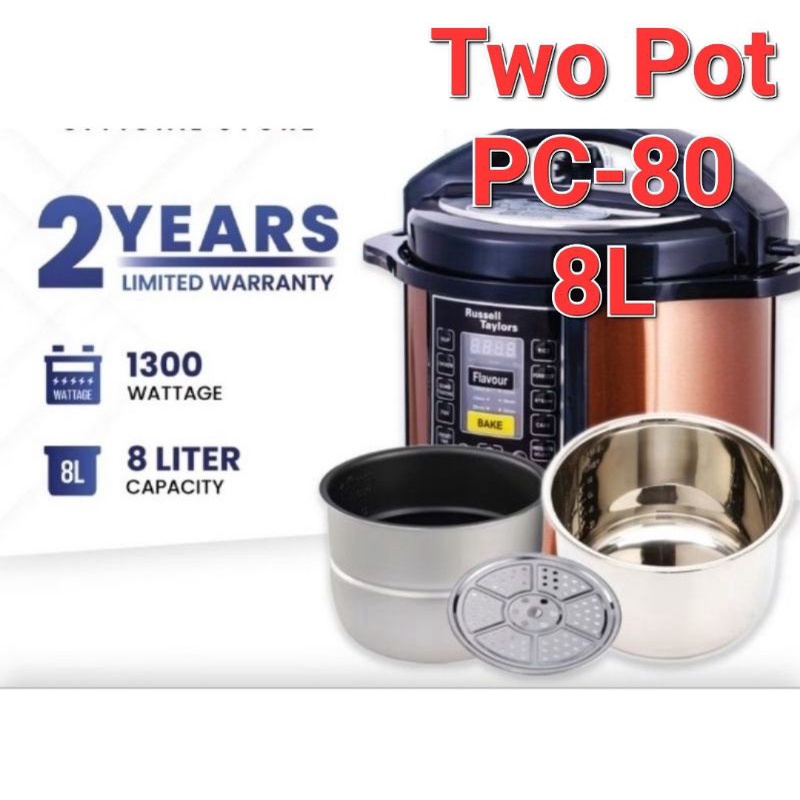 Russell Taylors Dual Pot Pressure Cooker Electric Rice Cooker 2 Inner Pots + 1 Steam Rack (8L) PC-80