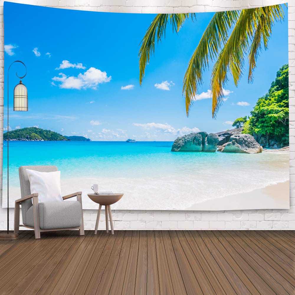 < Original HD > Living Room Room Bedroom Beach Coconut Tree Landscape Tapestry Anchor Live Background Decorative Cloth Art Wall Canvas Cloth Curtain Painting Tapestry Tapestry Tapestry Wall Cloth Wall Cloth Bed Sheet Other Decoration Camping Tent Tapestry