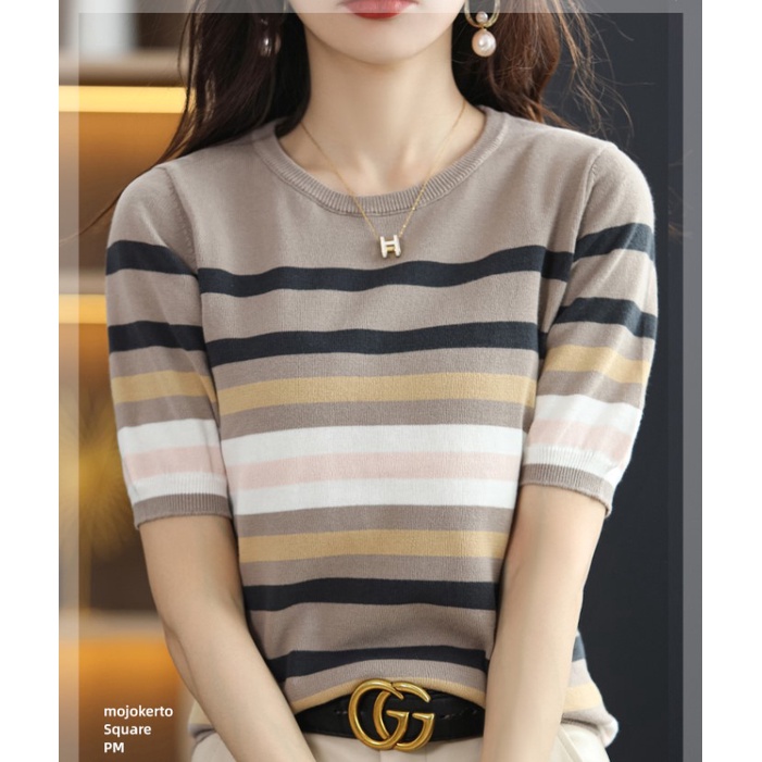 SKA1678 -Fesyen Baju Siap Stok Malaysia .Ready Stock Knitted Material Women Top圆领撞色条纹针织短袖