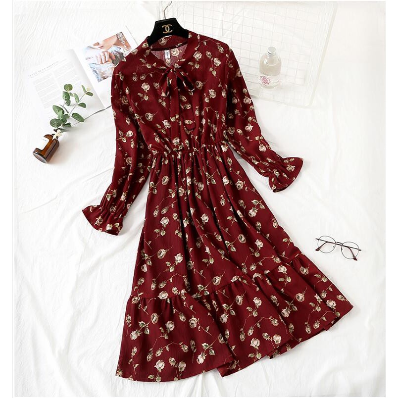 #001#Ready Stock Muslimah Women's Elegant Floral  Korean Long Sleeve Print Dress