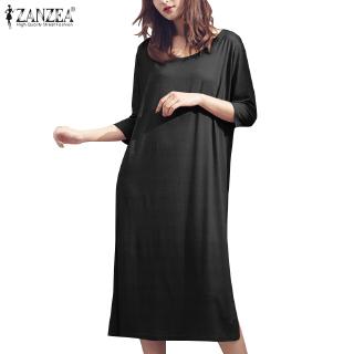 ZANZEA Women Long Sleeve Nightwear Round Neck Baggy Knee Length Dress Sleepwear