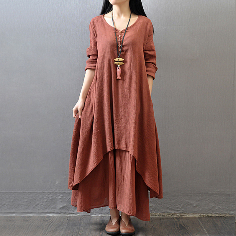 spring And Autumn Fake Two Piece Dress Artistic Expandable Linen Dress Loose Long Sleeved Cotton Skirt Shopee Malaysia