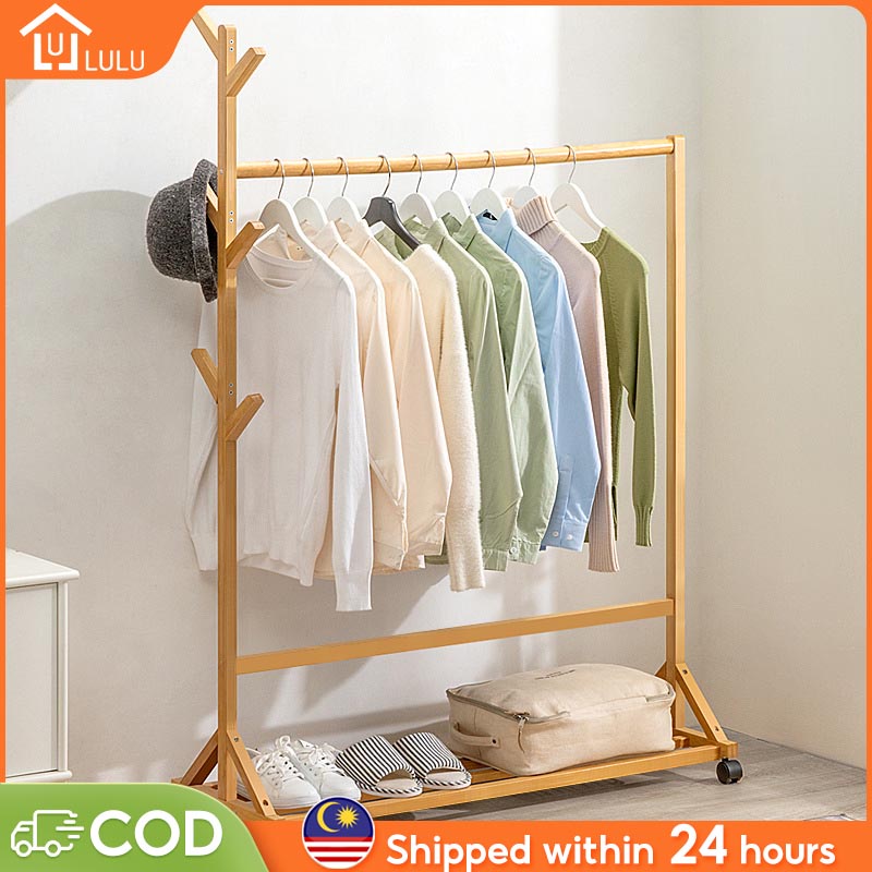 LULU Bamboo Wooden Clothes Rack With Wheels Multifunction Hat Coat Rack