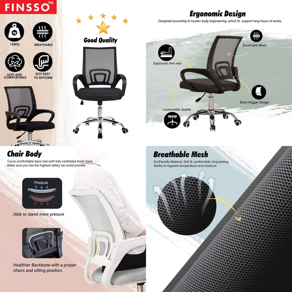 [READY STOCK] FINSSO: Adjustable Swivel Med - Back Mesh 4005 Office Chair with Chrome Leg (LIMITED UNIT)