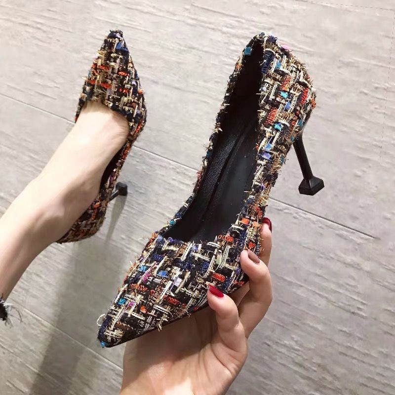 Single shoe women's thin heel 2019 Korean high heel single shoe women's stiletto heel 2019 season Korean version of the high heels women's pointed toe shallow mouth all-match medium heel fashion cat h
