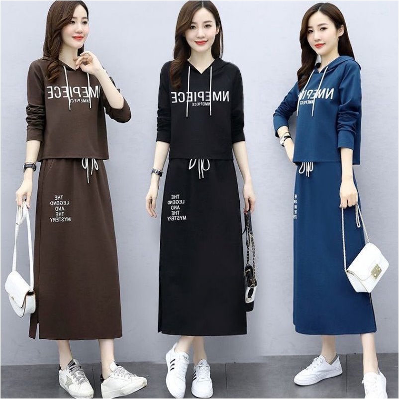 2pcs Set Pakaian Individu Wanita Pakai Pakaian Kerja Wanita Atasan Lengan Panjang dan Rok A-Line Hight pinggang 8935