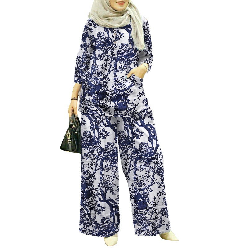 Hijabista Two Piece Tops Loose Pants Women Dubai Muslim Kaftan Islamic Clothing Plus Size Printing Sets