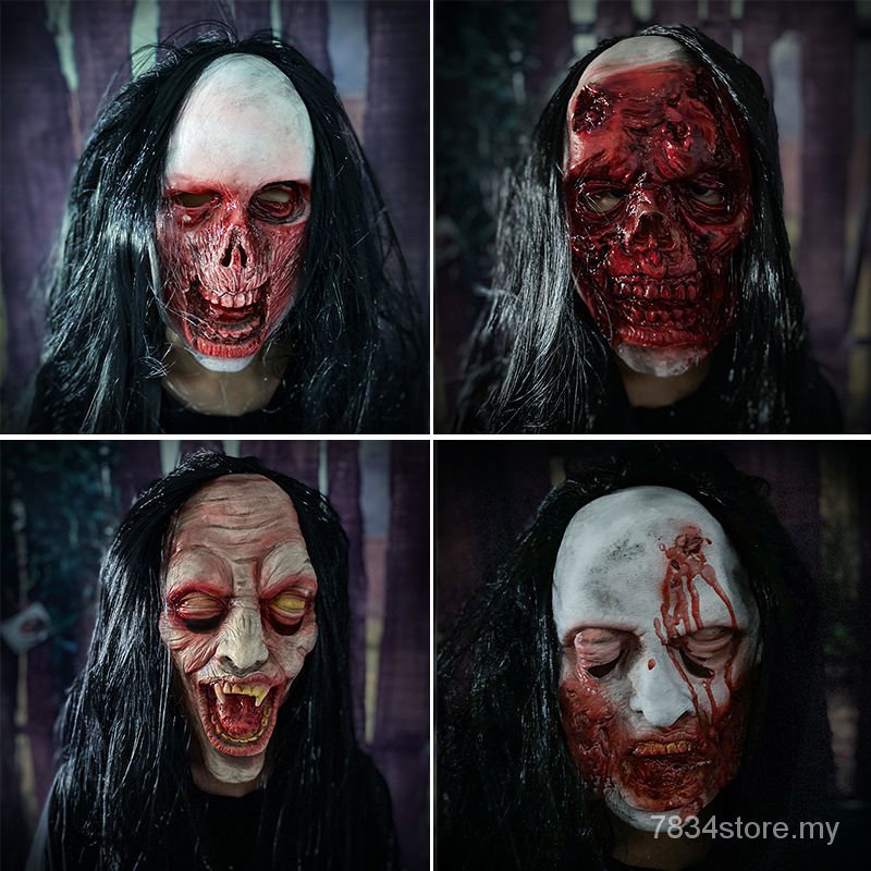 【COD & Ready Stock】halloween mask Cosplay Horror Mask Halloween DecorationHalloween Haunted House Berdarah Seram Rambut Panjang Wanita Hantu Kepala Penutup Bilik Melarikan Diri Penuh Muka Muka Kerut Dress Up Props