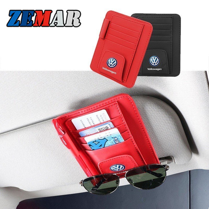 Leather Car Sun Visor Card Pen Holder Organizer Glasses Clip For
