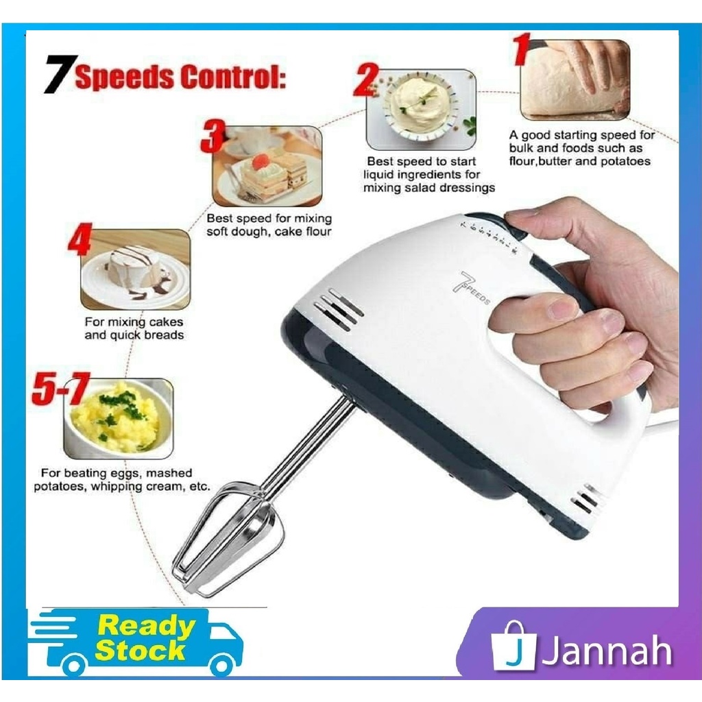 Jannah Malaysia 2 Pin Plug Cake Food Mixer Adjustable Hand-held Egg Beater Whisk Kitchen Tool 10Y2