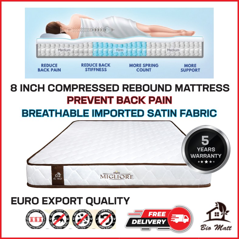 Biomatt Migliore 8inches With Rebound Mattress King Queen Super Single Single Satin Fabric Tilam