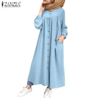 Image of ZANZEA Women Lantern Sleeve Buttons Muslim Loose Casual Maxi Dress