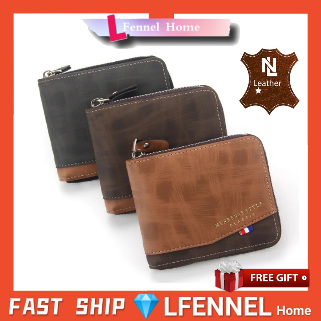 LFENNELNew Design Men Wallet Zipper Bifold Leather Dompet Lelaki Fashion Casual Card Wallet ID Window Case Short Wallet