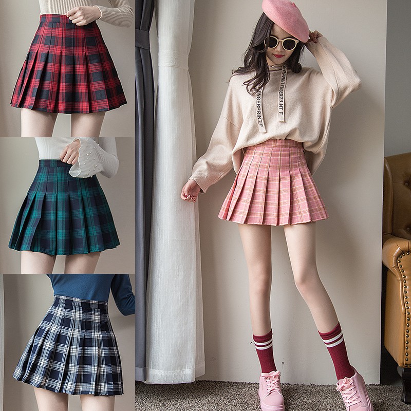 plaid pleated high waist skirt