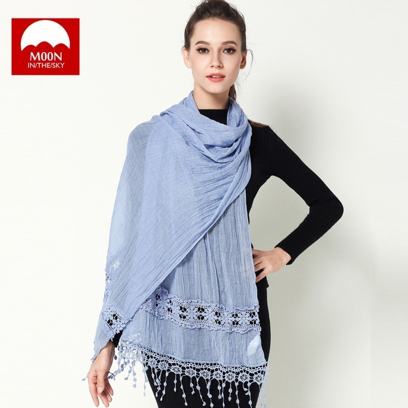 New Design Autumn and Winter Women Soft Lace Scarf Cotton Thin Shawl Blue Color